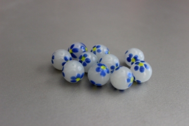White ball with blue flower 16mm