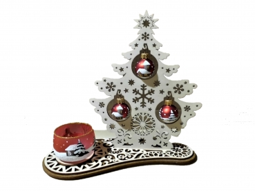 Christmas tree made of wood with a lantern and three red glass balls